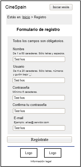 5.7.7. Pantalla de registro (registrar.php) La pantalla de registro mostrará el formulario a rellenar para crear un nuevo usuario en la web.