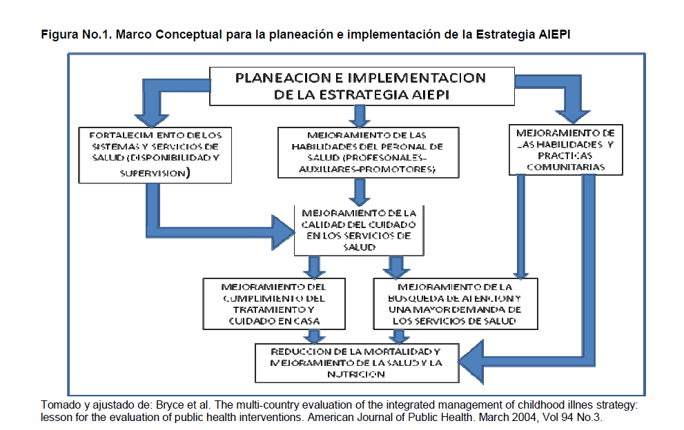 En la figura 1 se muestra el marco conceptual de la estrategia, que ha sido utilizado para evaluar el impacto de AIEPI a nivel mundial, y que se basa en la implementación de sus tres componentes,