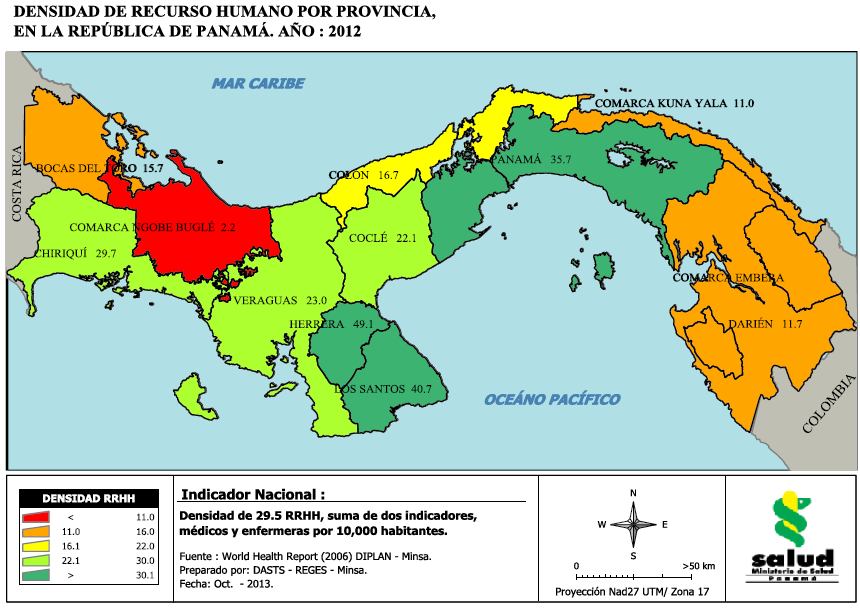 MAPA N 1: DENSIDAD DE RECURSO HUMANO EN SALUD DE PANAMÁ, AÑO 2012 En el cuadro N 5, se puede ver que para el año 2012 en Panamá, se registraron 49% médicos, 41% de enfermeras y 10% de odontólogos del