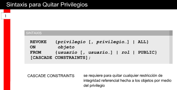 5.3 Control de acceso de usuarios 5.3.6 Quitar privilegios Sintaxis Para quitar los privilegios otorgados a otros usuarios se utiliza el comando REVOKE (1).