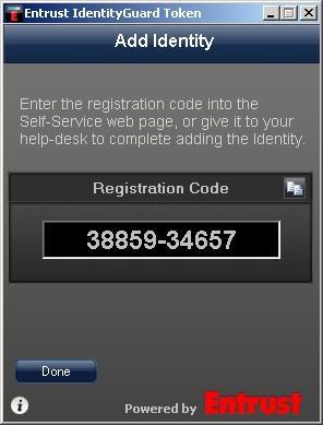La aplicación de credencial de software muestra un Registration Code (Código de Registro). Importante: Todavía no haga clic en OK/Done (OK/Finalizado).