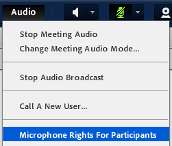 En el menú Audio, seleccione Microphone Rights for Participants (Derechos de Micrófono para Participantes).