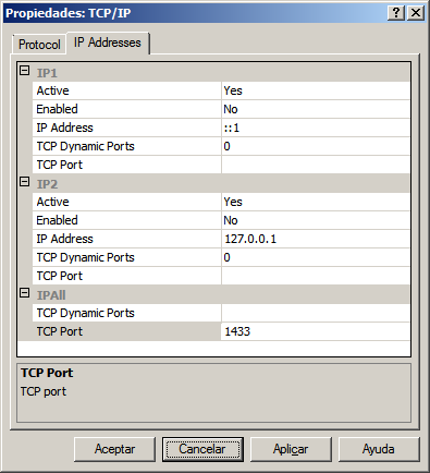 Preparación 3) Haga clic en la pestaña [IP Addresses] (Direcciones IP). Borre el valor indicado en el cuadro de texto [IPAll] - [TCP Dynamic Ports].