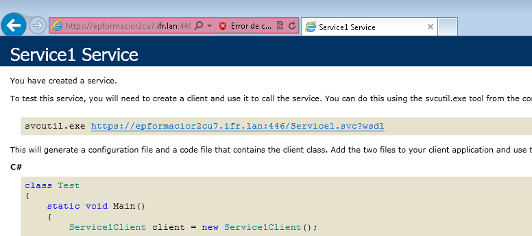 Se puede verificar el acceso al servicio accediendo desde un navegador web, en este caso el servicio se llama Service1.svc Ilustración 69.