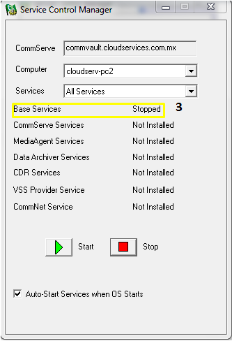 1. Abrir la ventana de Service Control Manager. En Inicio/Todos los programas/ CommVault/Simpana/Service Control Manager 2.