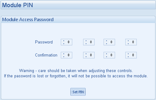 S.C.A.D.A. 5.18.7 PIN DEL MODULO NOTA: Si el pin es perdido u olvidado, no será posible acceder al módulo! Permite que un PIN (Personal Identification Number) sea puesto en el controlador.