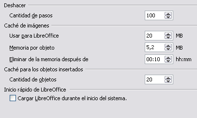 Figura 21: Elegir opciones de Memoria para las aplicaciones de LibreOffice.