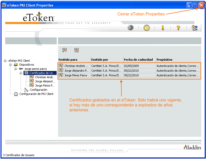 Como prueba adicional en la pantalla del etoken Properties se puede seleccionar el ícono con forma de engranaje (ver figura 12) para acceder a ver la memoria del etoken, en la cual debiera apreciarse