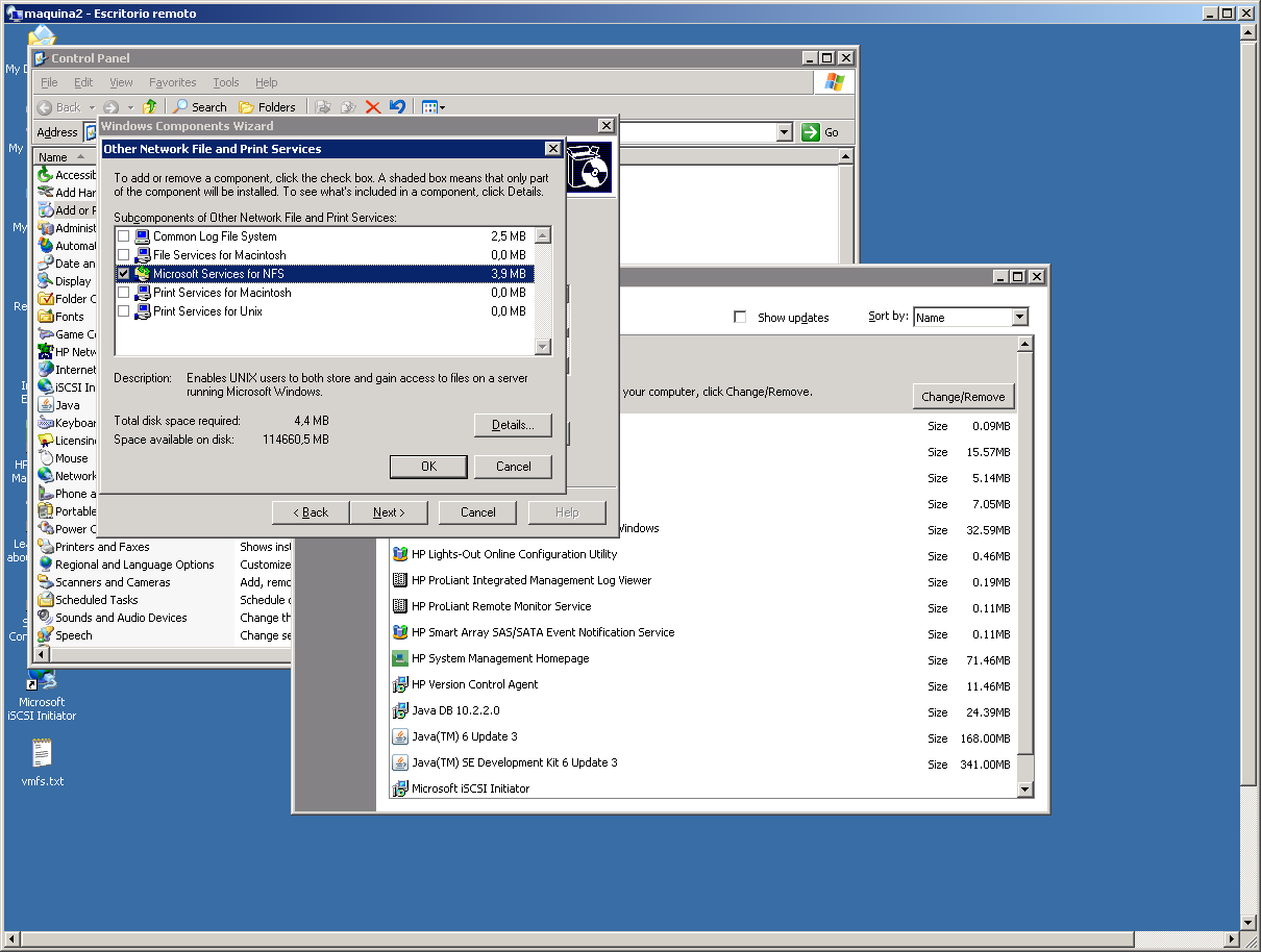 10.1 Utilización de NFS en Windows Para la instalación de los servicios de nfs en Windows: Accedemos al panel de control Pinchamos en agregar y quitar programas y añadir nuevo componente de Windows