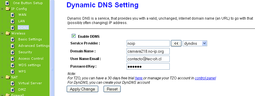 - DDNS: Habilitar el servicio y agregar los datos que se detallan. Service Provider: Agregar su cuenta no IP, Dyndns u otra. Domain Name: Agregar URL creada anteriormente http://camara218.no-ip.
