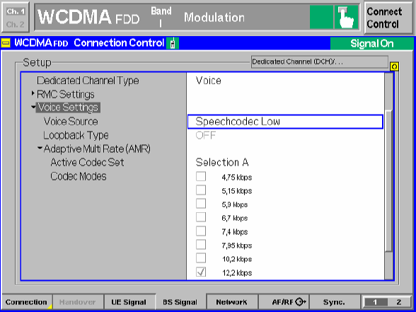 Setting dedicated channel to voice: Selection of the Speechcodec Low setting and AMR Bit Rate for the measurements or