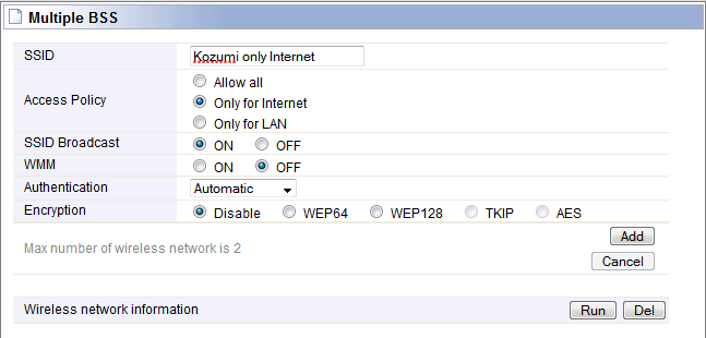 16. Primero vamos a crear un AP virtual solo para internet, para ello en SSID vamos a colocar Kozumi only Internet.