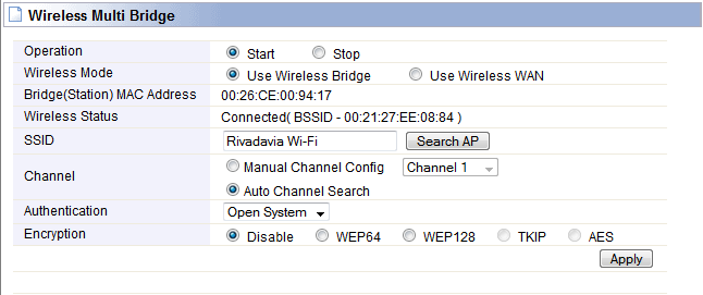 Una vez que terminamos de aplicar las configuraciones hacemos clic en el botón Apply y el router se va a conectar al AP para