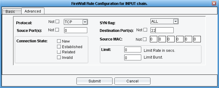 Para llevar a cabo esto, configure las reglas de firewall como sigue: En la pestaña Basic: Source IP: 0.