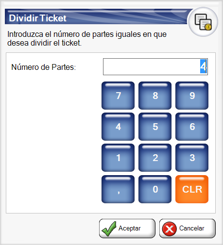 Dividir un Ticket en Partes Iguales Al dividir el ticket en partes iguales, podrá repartir en varios tickets