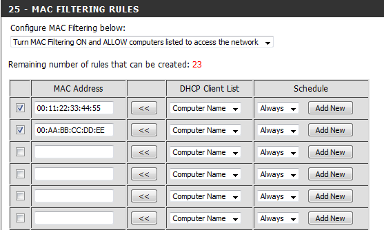 lista de acceso basada en la dirección MAC, se le está diciendo al enrutador inalámbrico que solo debe asignarle una dirección IP a las estaciones que posean una dirección MAC que esté en su lista de