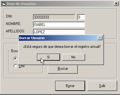 El usuario administrador localizará el registro que desea borrar. Una vez verificados nombre y DNI del registro seleccionado, el administrador hará clic en el botón Borrar. Figura 45. Borrar usuario.