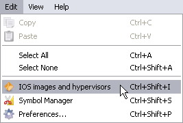 1) En la ventana principal del emulador, elegir Edit y después hacer clic en IOS images and hipervisor. Figura 3.54: Opciones de edit.