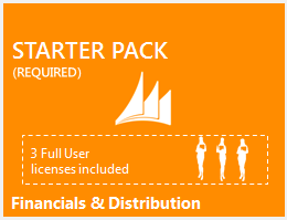 El Starter Pack proporciona a los clientes la funcionalidad básica de Finanzas y Distribución, además de tres licencias Full User.