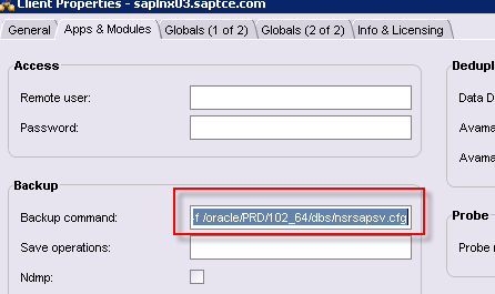 Figura 3. Configure el comando de respaldo en el cliente SAP El comando de respaldo completo que se muestra aquíes: nsrsapsv -f /oracle/prd/102_64/dbs/nsrsapsv.