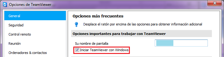 117 Teamviewer/extra/opciones: En la ventana opciones se activa iniciar con Windows y se le asigna el nombre respectivo con el que se lo reconoce en la reden este caso SERVERGESTOR para poder