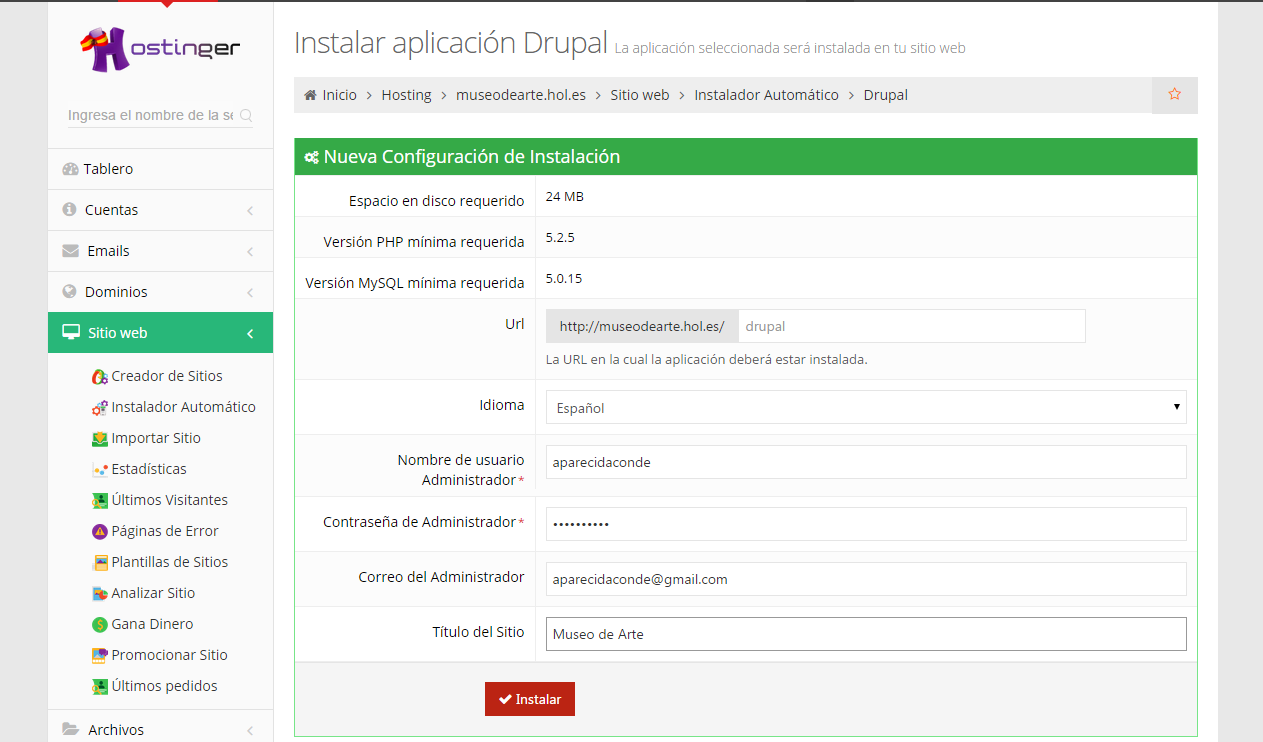 2 Instalar Drupal 3. Rellenar el formulario de configuración con un nombre de usuario, contraseña, etc.