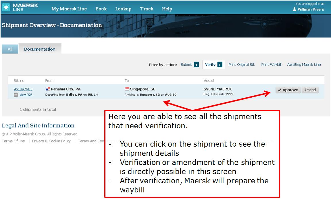 ver todos sus embarques que necesitan verificación y puede aprobar su copia de verificación directamente: Aquí puede ver todos sus embarques que