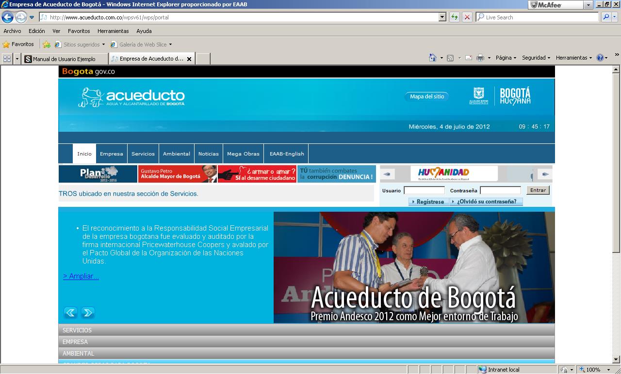 A continuación aparecerá la pantalla del sitio web de la Empresa de Acueducto y Alcantarillado de Bogotá-ESP (Ver Figura No. 3): Figura No.