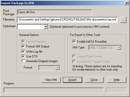 Finalmente pulsando el botón Export se realizar la exportación y a través del botón View XMI se podrá visualizar el fichero generado.