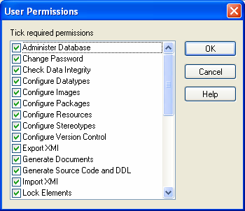 La opción Single Permissions, permite la asignación/desasignación de un usuario a los diferentes permisos existentes en el sistema.