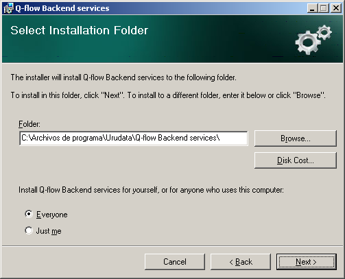 2. Haga clic en Next. 3. En la siguiente pantalla (Figura 21), escriba, donde dice Folder, el camino de la carpeta donde desea instalar los servicios de backend de Q-flow.
