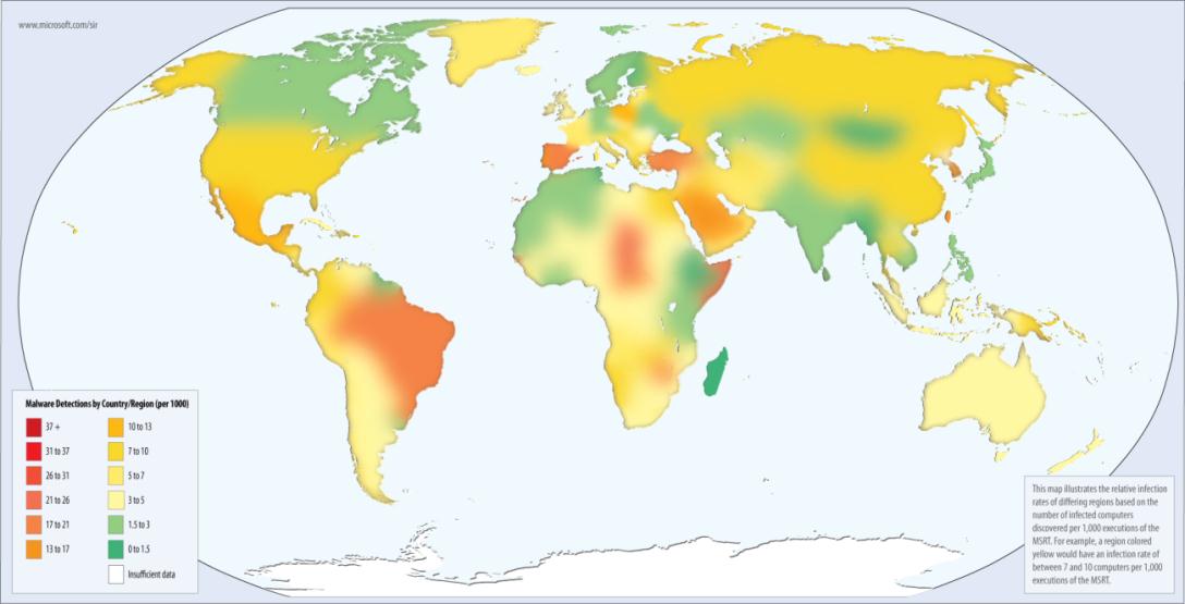Figura 2: Tasas de infección por país/región durante el segundo semestre de 2009 (expresado en número de equipos limpiados por cada mil) 2, para ubicaciones de todo el mundo con un mínimo de un