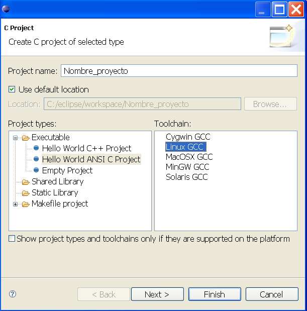 En el recuadro Project types: Se selecciona Hello World ANSI C Project y en el recuadro Toolchain: seleccionamos Linux GCC, tal y como aparece en la siguiente Ilustración 81.