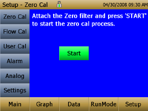 Cero Cal Se debe ejecutar Zero Cal la primera vez que se utiliza el instrumento y repetir antes de cada uso. Cero Cal requiere que el filtro de cero sea conectado antes de ejecutar.