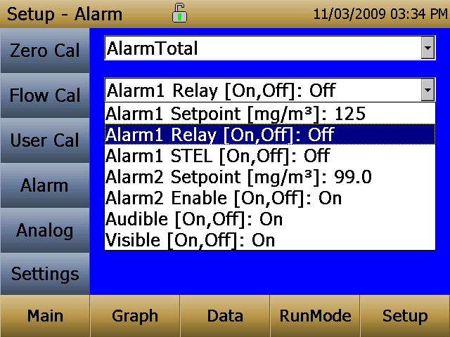 Alarma La alarma permite establecer niveles de alarma en cualquiera de los 5 canales de masa PM 1, PM 2.5, RESP, PM 10 y el total.