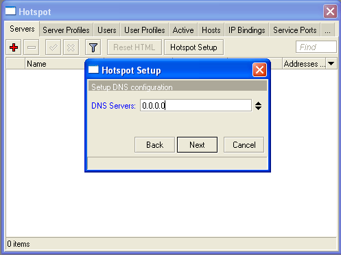 Configuración de HotSpot Ejecuta ip hotspot setup. Selecciona la interfaz. Procede a responder las preguntas.