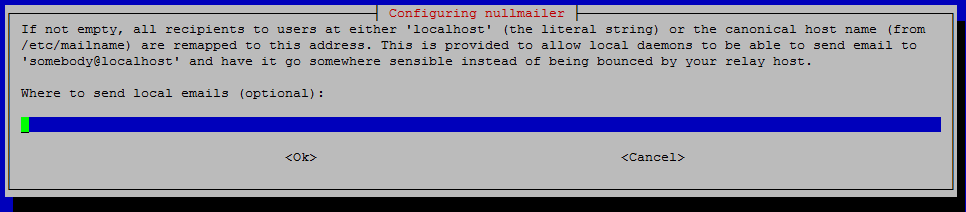 Figura 70. nullmailer configurado con nombre mail. Figura 71. Ventana opcional para la configuración de email con campo vacío.