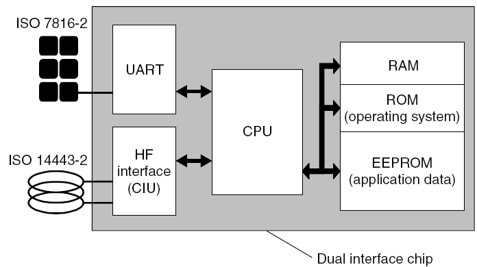 Diagrama en bloque de una tarjeta de interfaz dual, ambas interfaces de la tarjeta de interfaz dual pueden direccionar independiente una de la otra. 1.4.2.