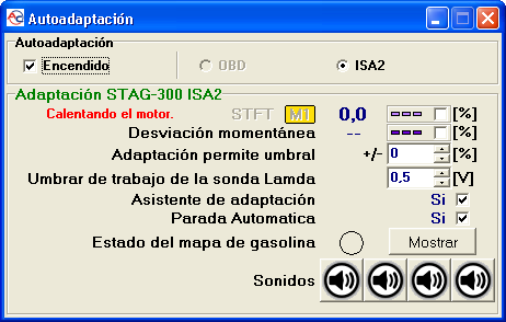 2.7. ISA2 auto adaptación ( Solo para STAG-300 ISA2) En los controladores STAG-300 ISA2 ( sin soporte OBD ) Cuando el botón de auto adaptación se presiona ( en la esquina superior derecha del