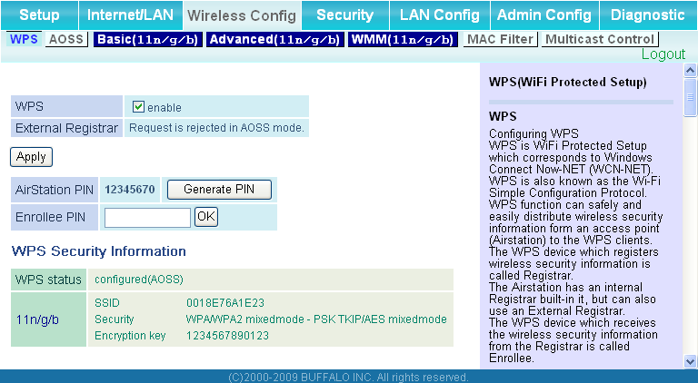 Wireless Config (Configuración inalámbrica) WPS Pantalla para ver los valores detallados y el estado de WPS.