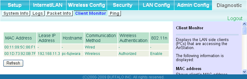 Client Monitor (Monitor cliente) Esta pantalla muestra los dispositivos que están conectados a la AirStation.