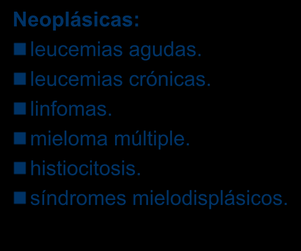 Neoplásicas: leucemias agudas. leucemias crónicas. linfomas.