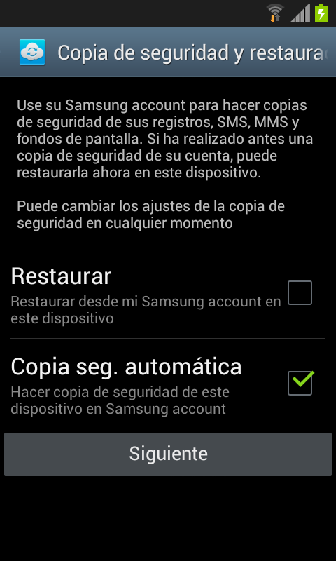 - Si configura su cuenta Samsung en este momento, puede seleccionar si desea hacer copia de seguridad o restaurar una copia de