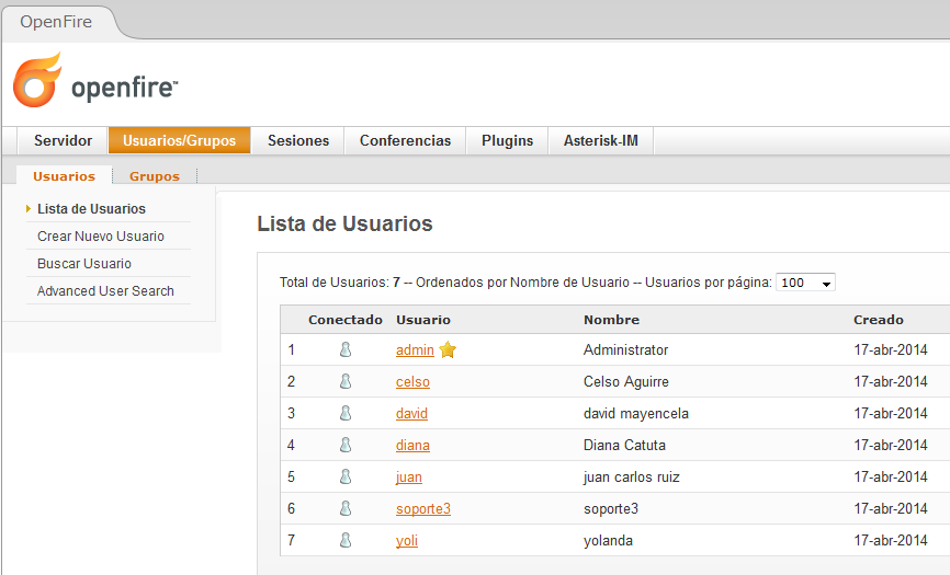 Se puede revisar los usuarios que han sido creados en Lista de Usuarios. Figura 66 Lista de usuarios Openfire.