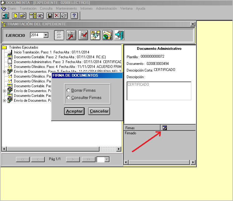 A la derecha de la pantalla, se muestran las propiedades del documento seleccionado y haciendo clic en el icono al que apunta la flecha, aparecen las acciones posibles en relación al documento, en