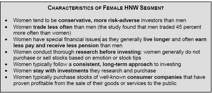 High Net Worth Women : Características OJO Las características