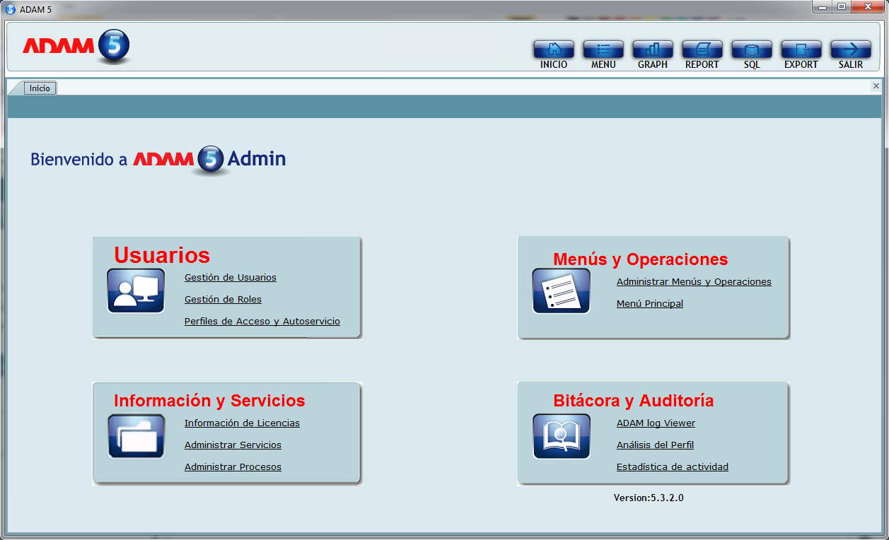 4. Cómo activar a un Usuario s Los pasos a seguir para activar un usuario son: 1 Haz doble clic sobre el icono de accesos directo ADAM ADMIN. El sistema desplegará la siguiente ventana.