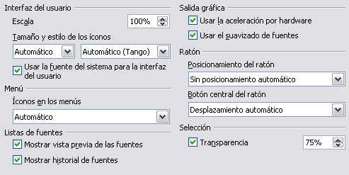 Figura 4: Elegir opciones de Memoria para las aplicaciones de LibreOffice.