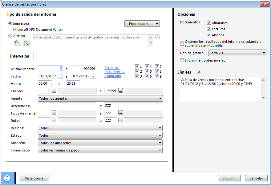 FactuSOL 2013 Informes 256 Opciones Límites - Documentos. Permite seleccionar el tipo de documento a imprimir albaranes, facturas y abonos.