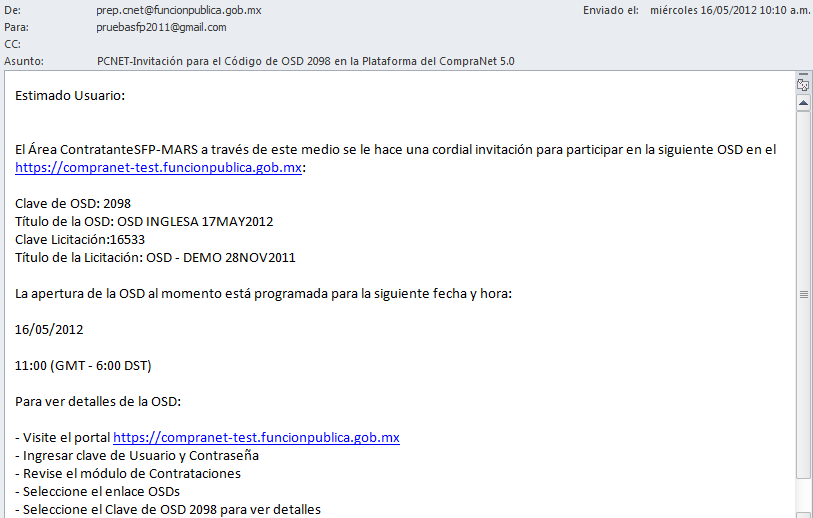 Correo de invitación a OSD Ejemplo de correo que envía
